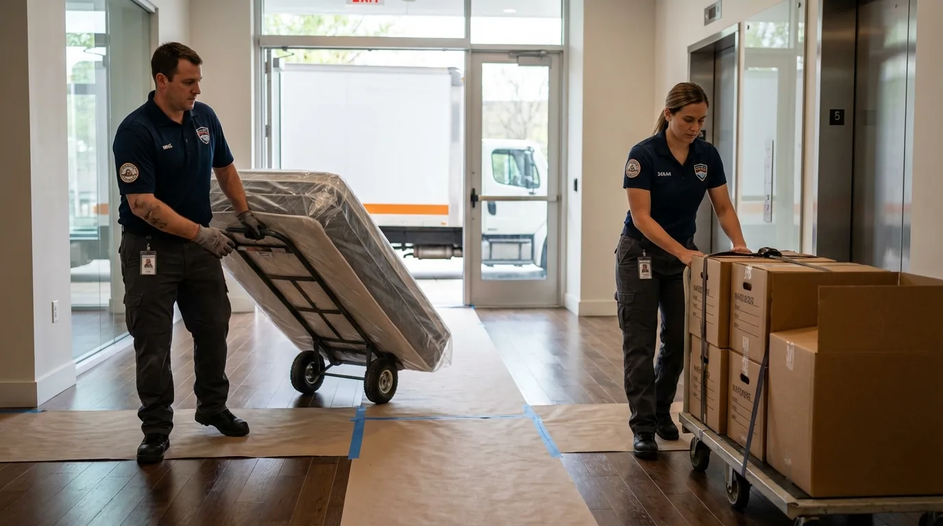 Professional apartment movers loading elevator in Ephrata, WA
